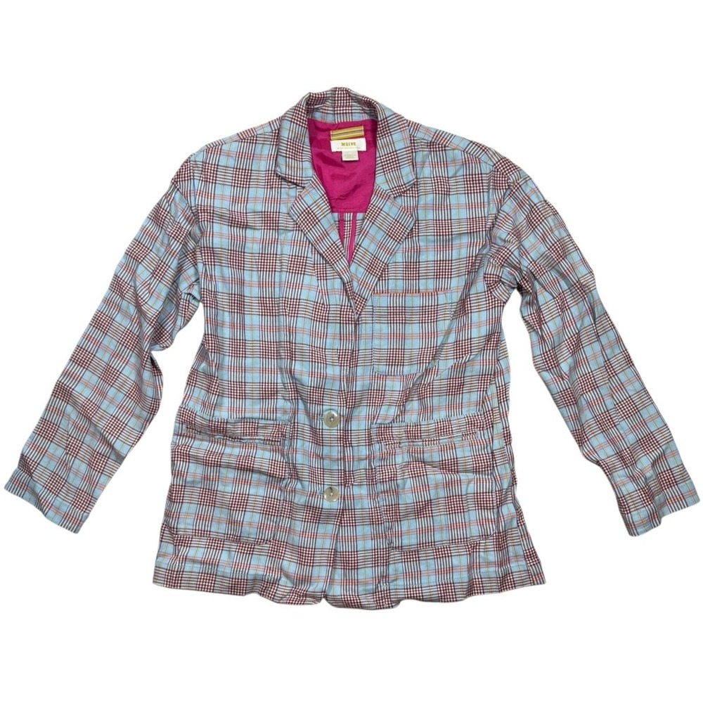 Maeve by Anthropologie Blue Pink Relaxed Plaid Blazer Jacket Linen Blend‎ XS